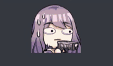 a cartoon character with purple hair is holding a gun .