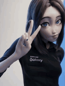 a cartoon girl wearing a black samsung galaxy shirt giving a peace sign