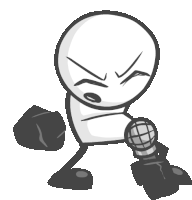 a cartoon character holding a microphone and a rock