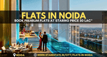 an advertisement for flats in noida shows a man and woman standing by a pool