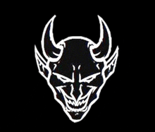 a drawing of a devil 's head with horns on a black background .