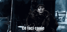 bran stark from game of thrones is wearing a fur coat and a fur coat .