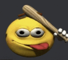 a smiley face is sticking out its tongue and holding a baseball bat .