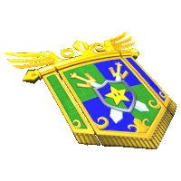 a blue and green shield with a gold wing and a yellow star on it