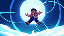 a cartoon character is flying in the air with a full moon in the background