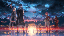 a group of anime characters stand in front of a cloudy sky