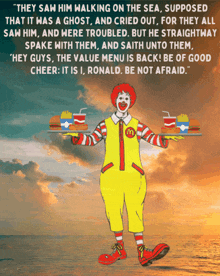 a cartoon of mcdonald 's clown holding a tray of hamburgers and drinks