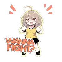 a cartoon of a girl with the words wanna fight behind her