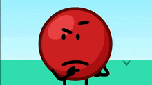 a red ball with a sad face and arms and legs .