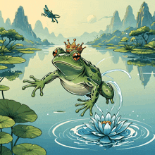 an illustration of a frog wearing a crown in a lake