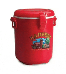 a red plastic bucket with a farm on it and the word harvest on it .