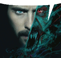 a close up of a man 's face with a monster behind him with red eyes