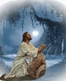 jesus is kneeling down in front of a waterfall .