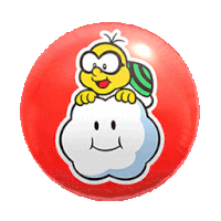 a red ball with a sticker of a cartoon character on a cloud