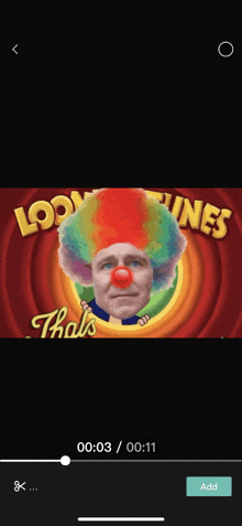 a screenshot of a looney tunes advertisement with a clown in the middle