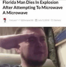 a man is saluting in front of a microwave .