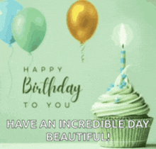 a birthday card with a cupcake and balloons and the words `` have an incredible day beautiful '' .