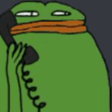 a green frog is talking on a telephone with a scarf around its neck .