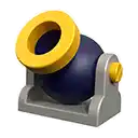 a blue and yellow toy cannon with a yellow ring around it .