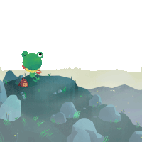 a frog is sitting on a rock with a cup of coffee