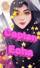 a woman in a hijab is surrounded by stars and the words caption echo