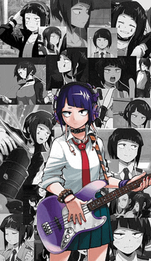 a girl from my hero academia is holding a purple guitar .