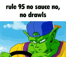 piccolo from dragon ball z is driving a car with the words rule 95 no sauce no no drawls