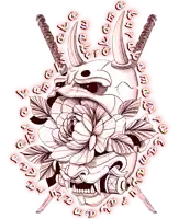 a drawing of a skull with horns and a flower with chinese writing surrounding it