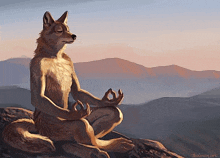 a furry fox is sitting in a lotus position on top of a rock .