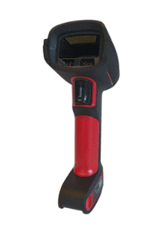 a black and red barcode scanner against a white backdrop