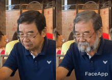 a man with glasses and a beard has a face app app on his phone