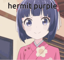 a girl in a pink kimono with the words hermit purple on the bottom