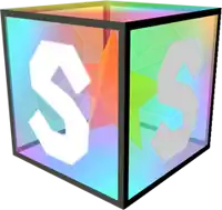 a cube with the letter s on it and a rainbow background