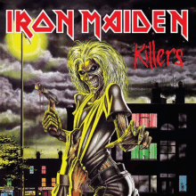 a poster for iron maiden killers shows a skeleton holding a bloody hammer