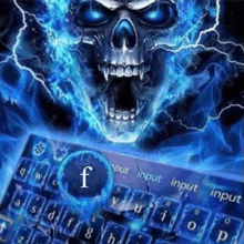 a keyboard with a skull in the background and the letter f in the lower left corner