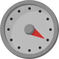 a clock with black circles and a red arrow pointing to the number 6