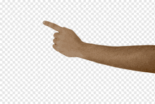 a man 's hand is pointing to the right