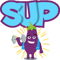 a cartoon illustration of an eggplant holding a dumbbell with the word sup behind him