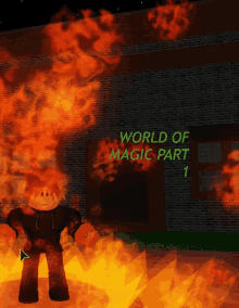 a cartoon character is standing in front of a building that says world of magic part 1 on it