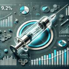 a syringe is surrounded by graphs and charts including cagr and oagr