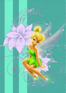 tinkerbell is sitting on a green background with purple flowers in the background