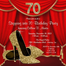 a stepping into 70 birthday party invitation with a pair of high heels