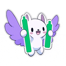 a sticker of a white cat with purple wings holding green bottles