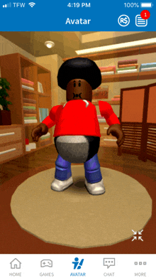 a screenshot of a roblox app shows a character in a red shirt