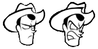 a black and white drawing of a cowboy with a sad and angry face