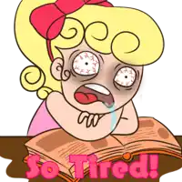 a cartoon of a girl laying on a book with the words so tired below her