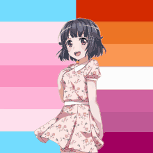 a girl in a pink floral dress is standing in front of a lesbian flag