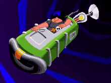 a pixel art drawing of a man driving a green vehicle with the number 11 on the side