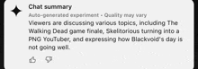 a screenshot of a chat summary that says viewers are discussing various topics including the walking dead game finale ..