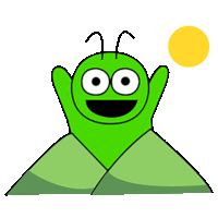 a green cartoon character is standing on top of a hill with its arms outstretched and a yellow sun in the background .